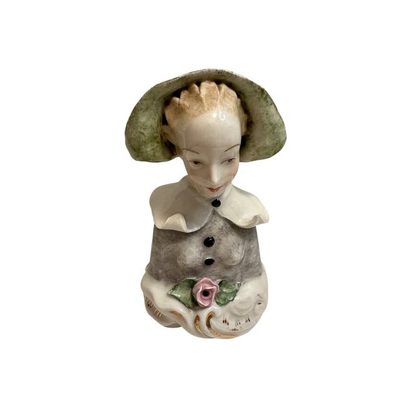 Vintage Porcelain Figurine Of Woman In Bonnet Holding Pink Rose - Picture 3 of 5